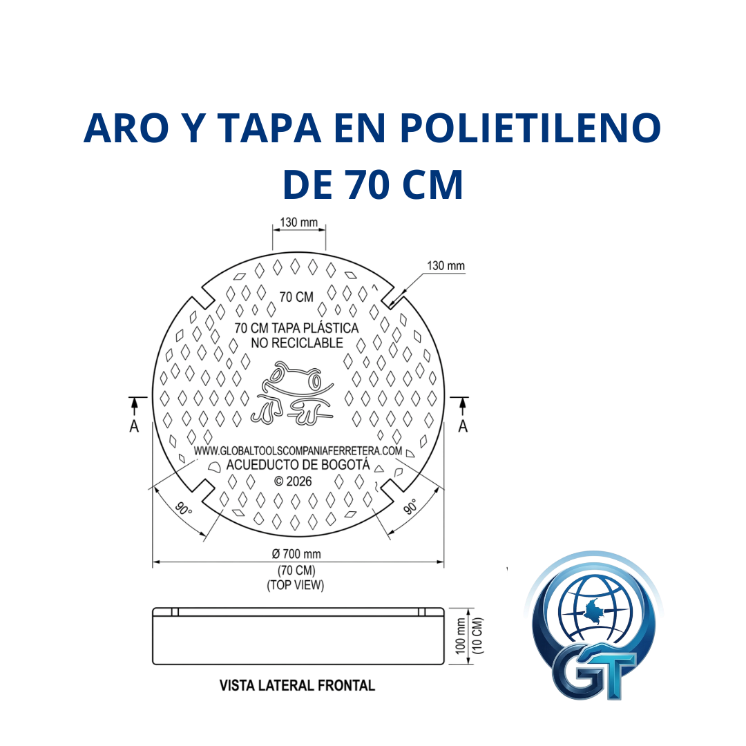 Tapa Para Alcantarillado En Polipropileno De Alta Densidad Y Aro En Lamina De 70cm