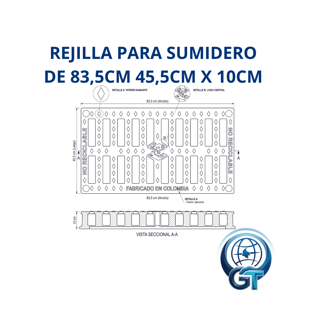 REJILLA SUMIDERO EN POLIPROPILENO HOMOLOGADA EAAB DE 83,5cm X 45,5cm X 10cm