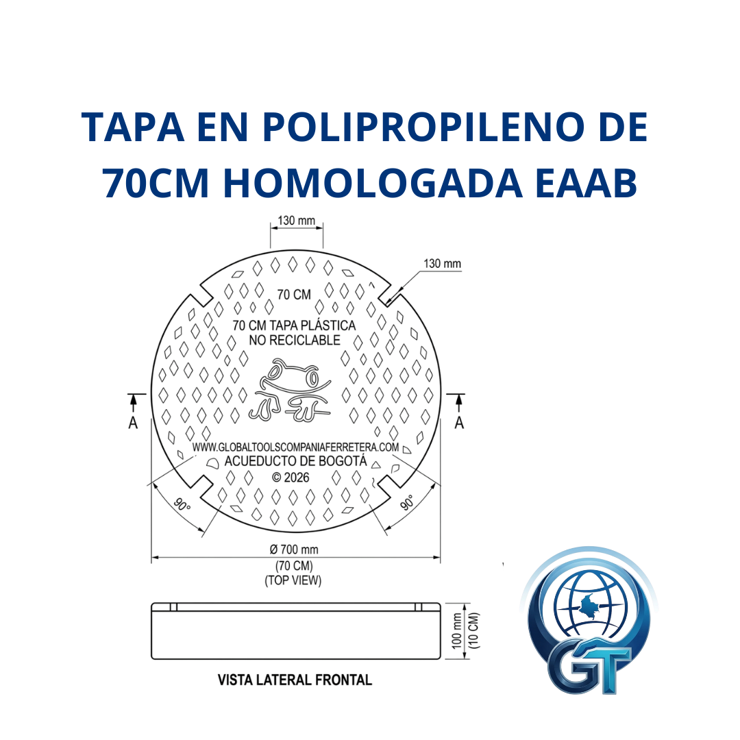 TAPA PARA POZO DE INSPECCION EN POLIPROPILENO DE 70CMX10CM HOMOLOGADA EAAB