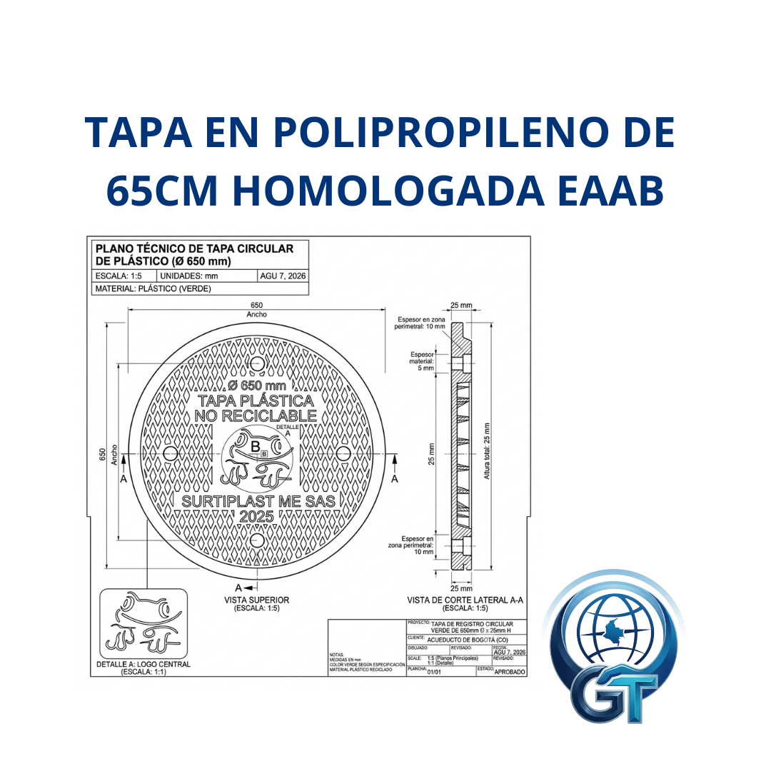 TAPA PARA ALCANTARILLADO EN POLIPROPILENO DE 65cm y 67cm  HOMOLOGADA EAAB