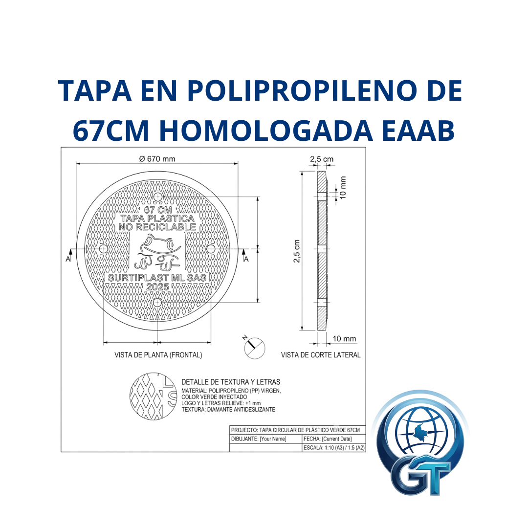 TAPA PARA ALCANTARILLADO EN POLIPROPILENO DE 65cm y 67cm  HOMOLOGADA EAAB