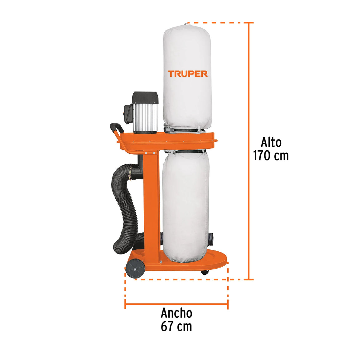 Dimensiones del colector de polvo Truper COPO-1: 170 cm de alto y 67 cm de ancho