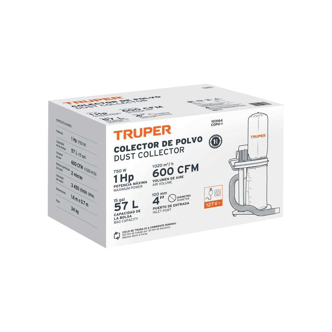 Caja del colector de polvo Truper COPO-1 de 1 HP y 600 CFM