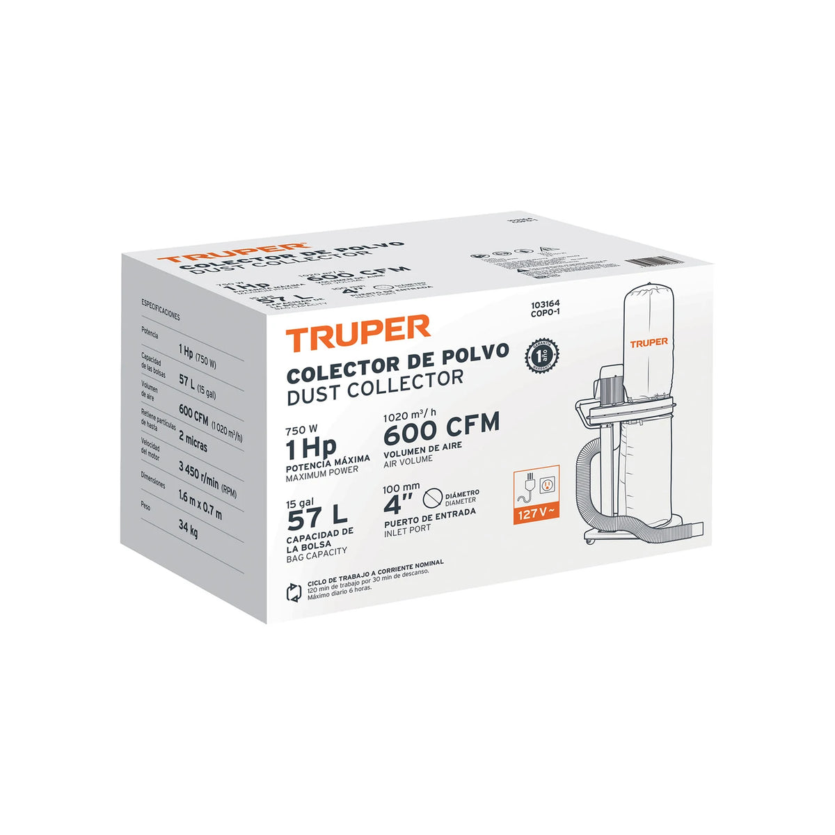 Caja del colector de polvo Truper COPO-1 de 1 HP y 600 CFM