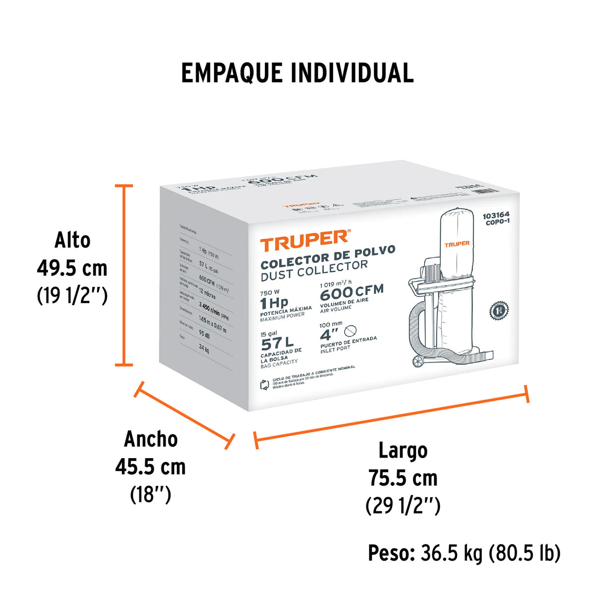 Dimensiones del empaque del colector Truper COPO-1