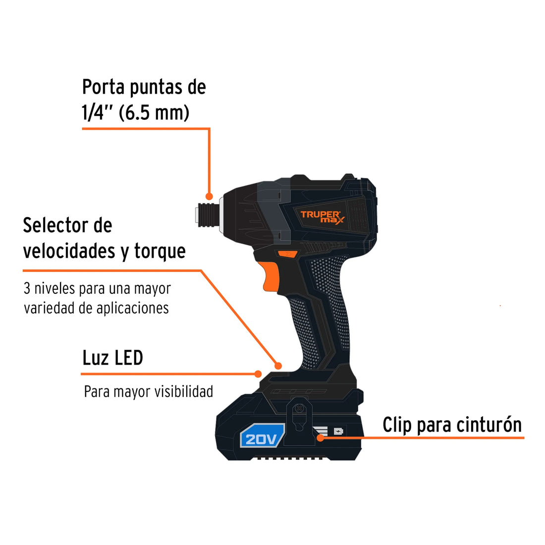 Destornillador de impacto Truper MAX 20 V con portapuntas de 1/4 pulgada