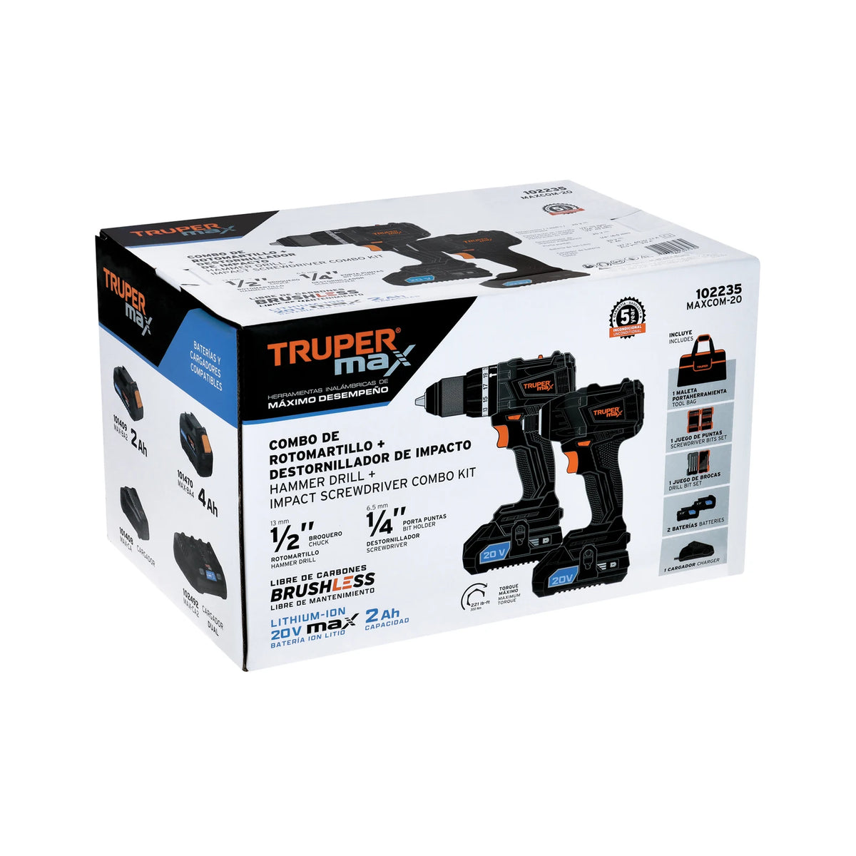 Caja del combo Truper MAXCOM-20 con dos baterías de 2 Ah