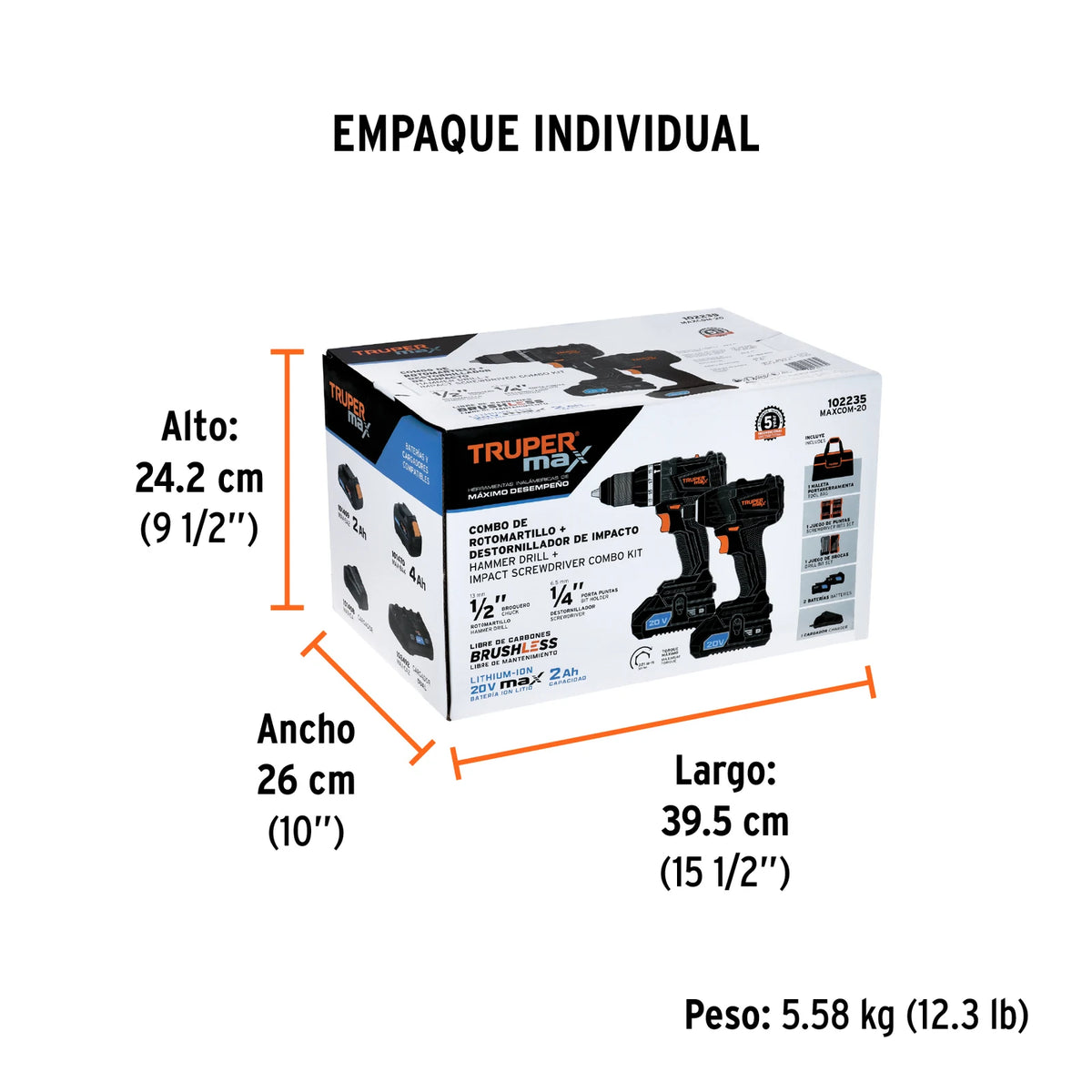Dimensiones del empaque del combo Truper MAXCOM-20