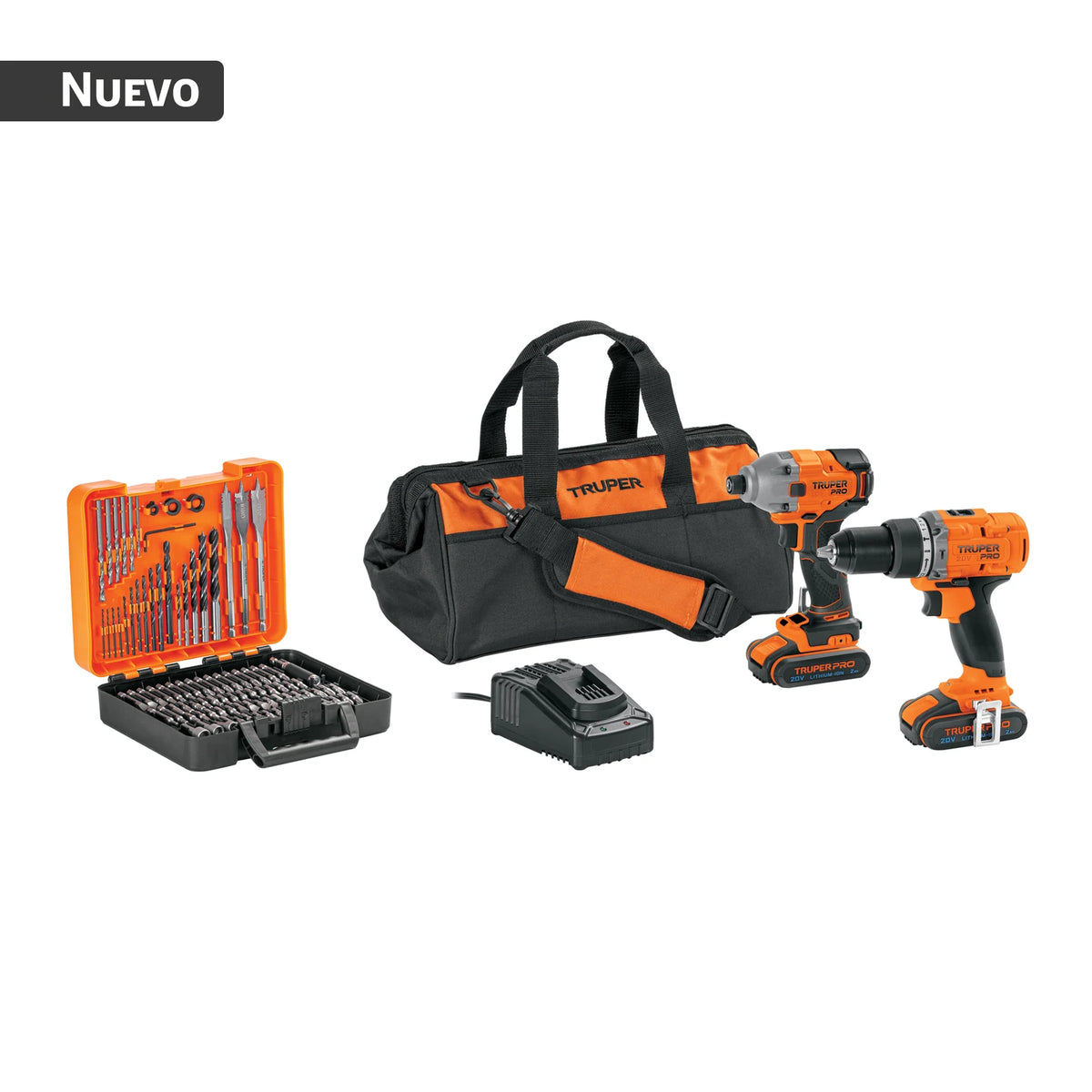 Vista del combo Truper PRO COMBO-20A2 con dos herramientas y accesorios