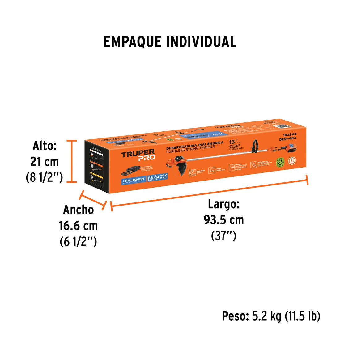 Dimensiones del empaque de la desbrozadora inalámbrica Truper