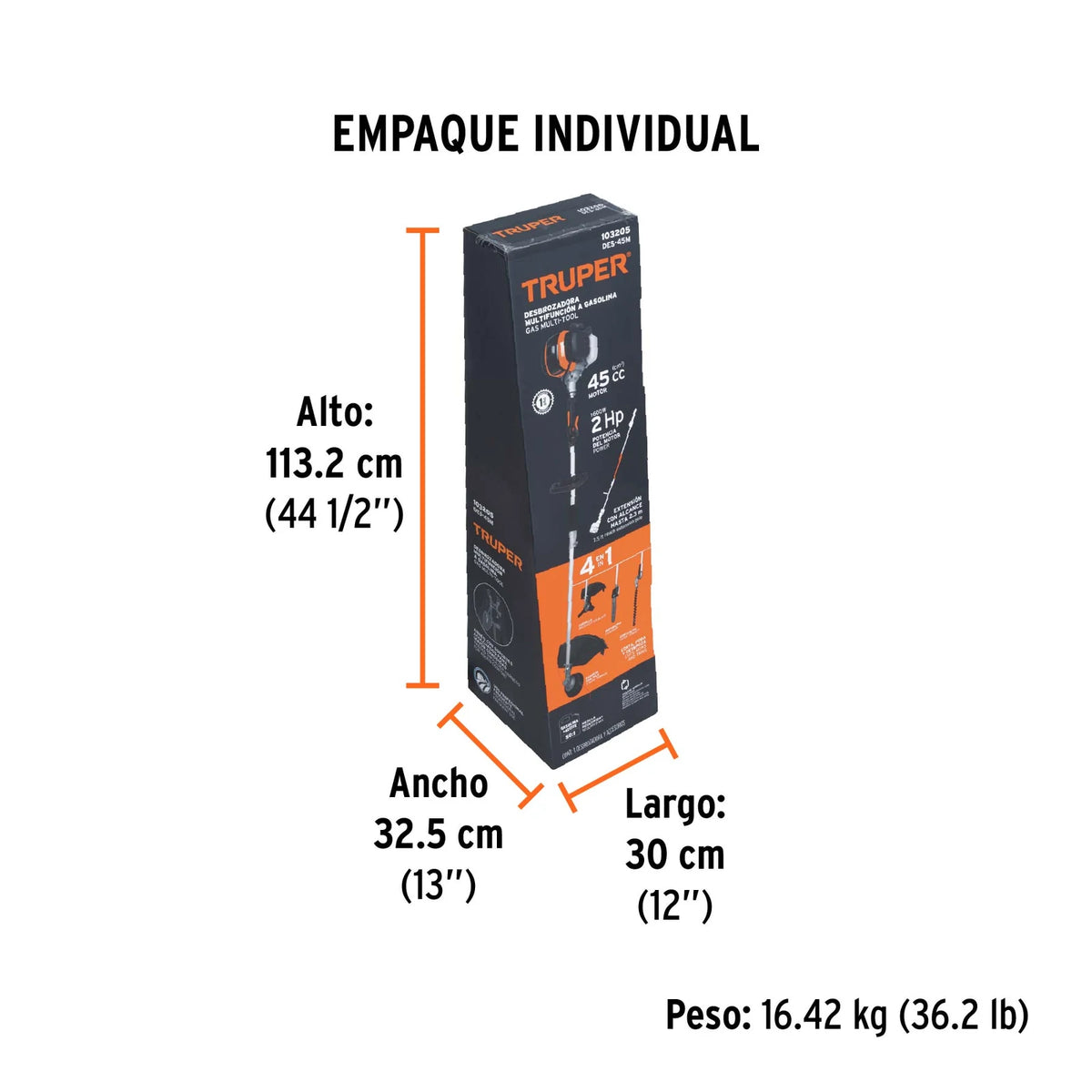 Dimensiones y peso del empaque de la desbrozadora Truper DES-45M