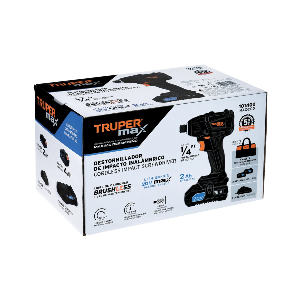 Imagen oficial complementaria de Destornillador de impacto inalámbrico Truper MAX 20 V, con vista de producto o detalle de la referencia MAX-20D