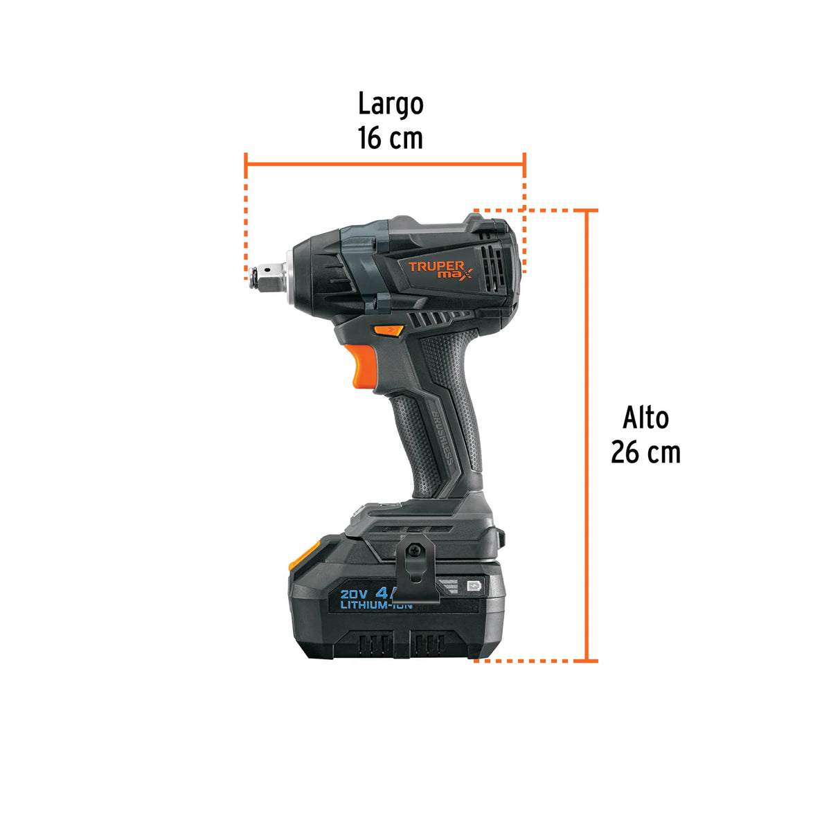Imagen oficial complementaria de Llave de impacto inalámbrica Truper MAX 1/2 pulgada, 20 V, con vista de producto o detalle de la referencia MAX-20L