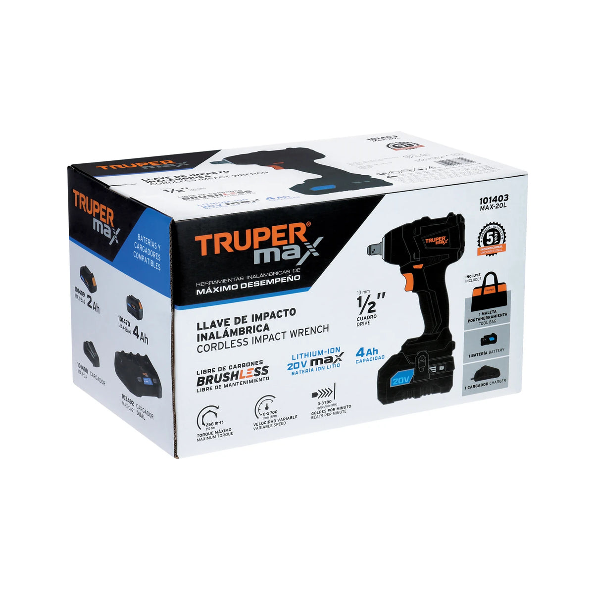 Imagen oficial complementaria de Llave de impacto inalámbrica Truper MAX 1/2 pulgada, 20 V, con vista de producto o detalle de la referencia MAX-20L