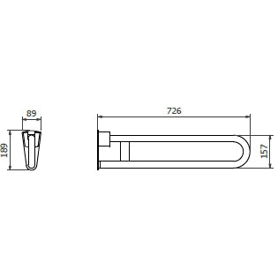 Plano de la barra abatible abierta, largo 726 y alto 189 mm