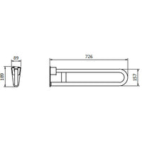 Plano de la barra abatible abierta, largo 726 y alto 189 mm