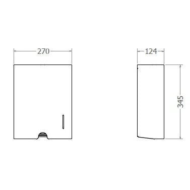 Plano del dispensador de toallas: alto 345, ancho 270 y fondo 124 mm