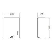 Plano del dispensador de toallas: alto 345, ancho 270 y fondo 124 mm
