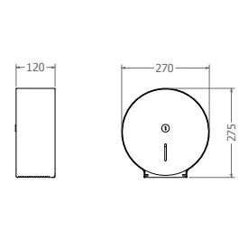 Plano del dispensador Inoxideas 230 mm: alto 275, ancho 270 y fondo 120 mm
