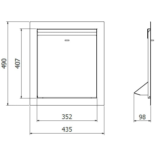 Plano exterior de la tapa shut: ancho 435, alto 490 y fondo 98 mm