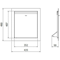 Plano exterior de la tapa shut: ancho 435, alto 490 y fondo 98 mm