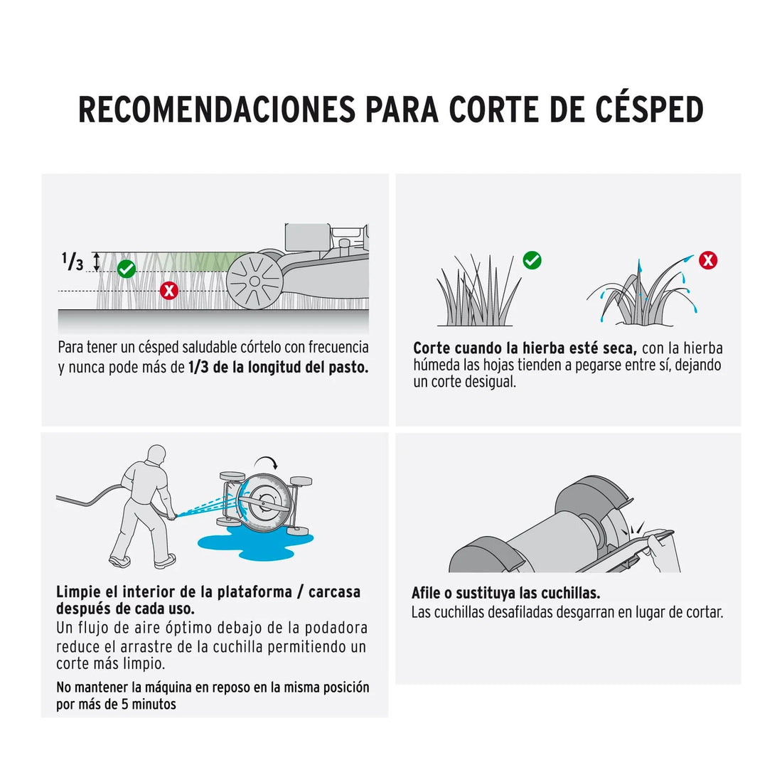 Recomendaciones ilustradas para corte y cuidado del césped con podadora