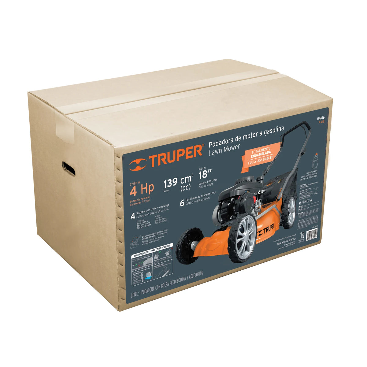 Caja original de podadora a gasolina Truper P-418 de 139 cc y 4 HP