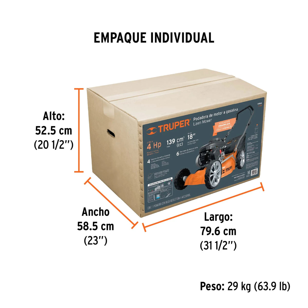 Dimensiones y peso del empaque de la podadora Truper P-418