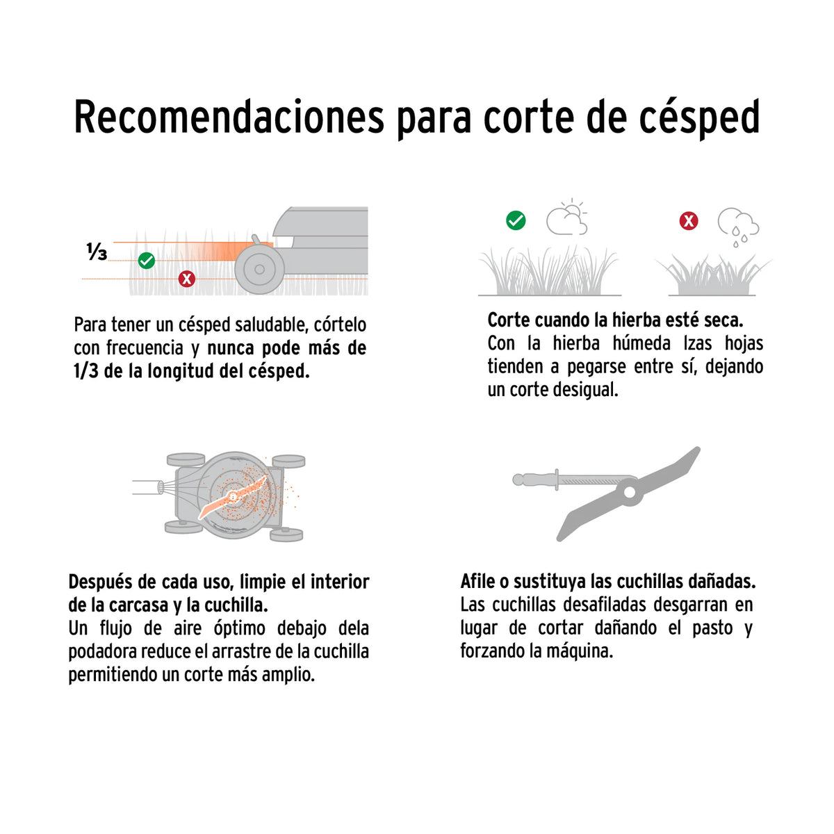 Recomendaciones ilustradas para corte y cuidado del césped