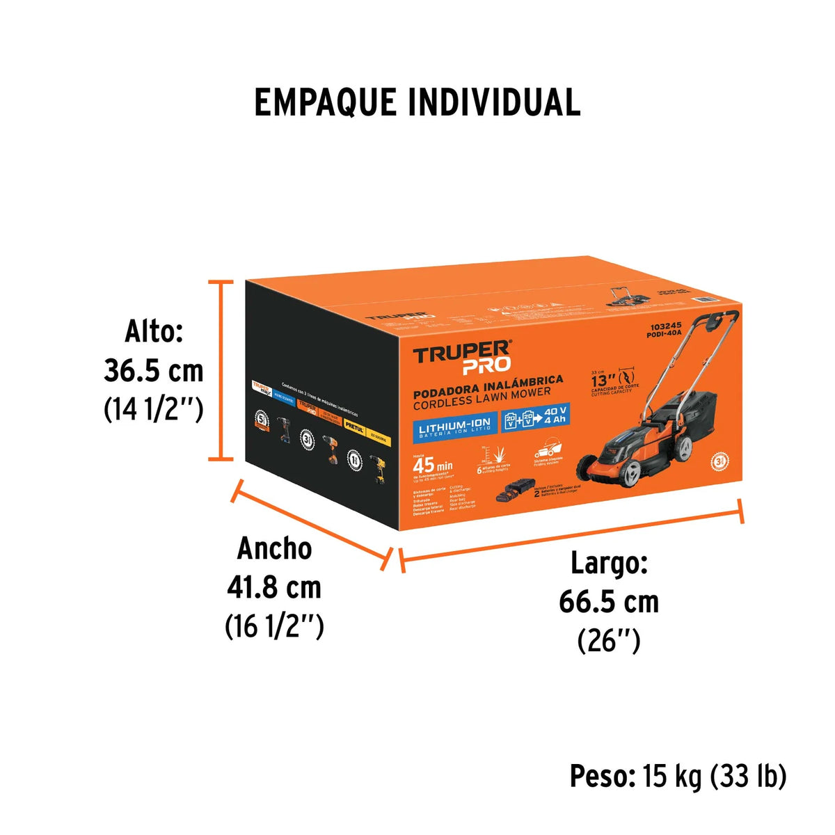 Dimensiones y peso del empaque de la podadora Truper PRO