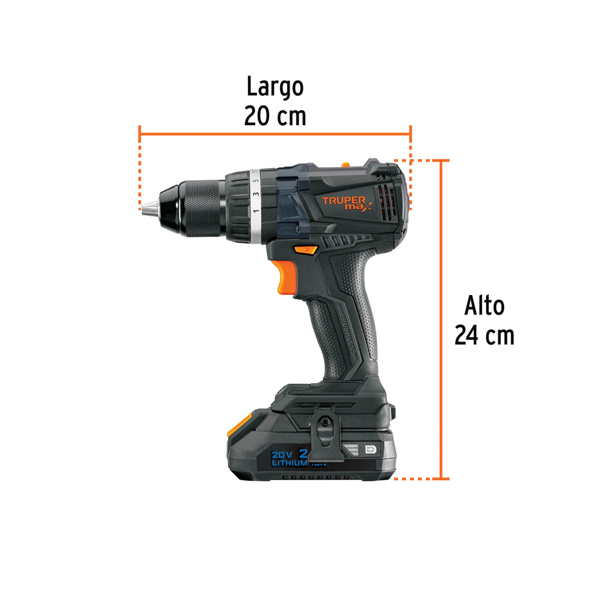 Imagen oficial complementaria de Rotomartillo inalámbrico Truper MAX 20 V, 2 baterías de 2 Ah, con vista de producto o detalle de la referencia MAX-20R