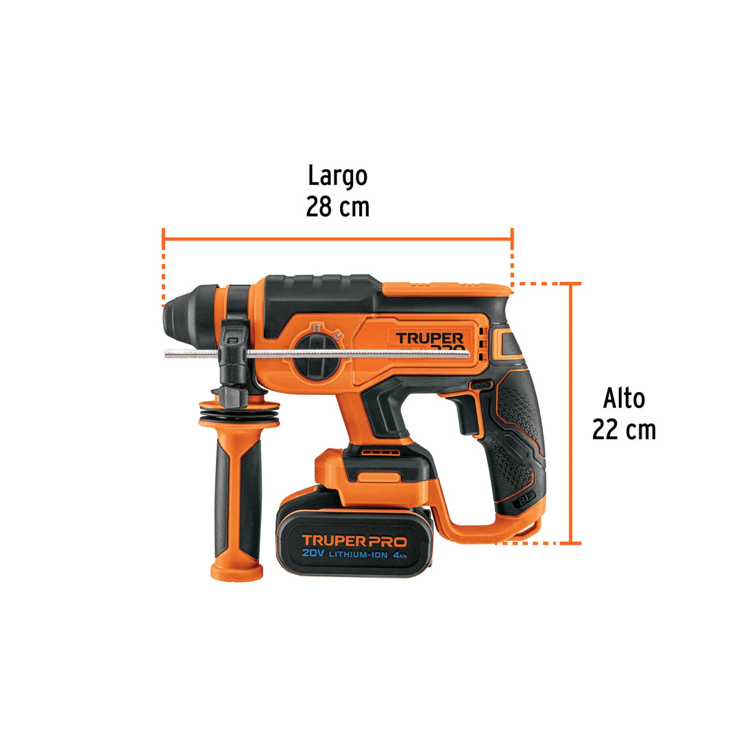 Imagen oficial complementaria de Rotomartillo inalámbrico SDS Plus Truper PRO 20 V, 2 J, con vista de producto o detalle de la referencia ROEI-20A