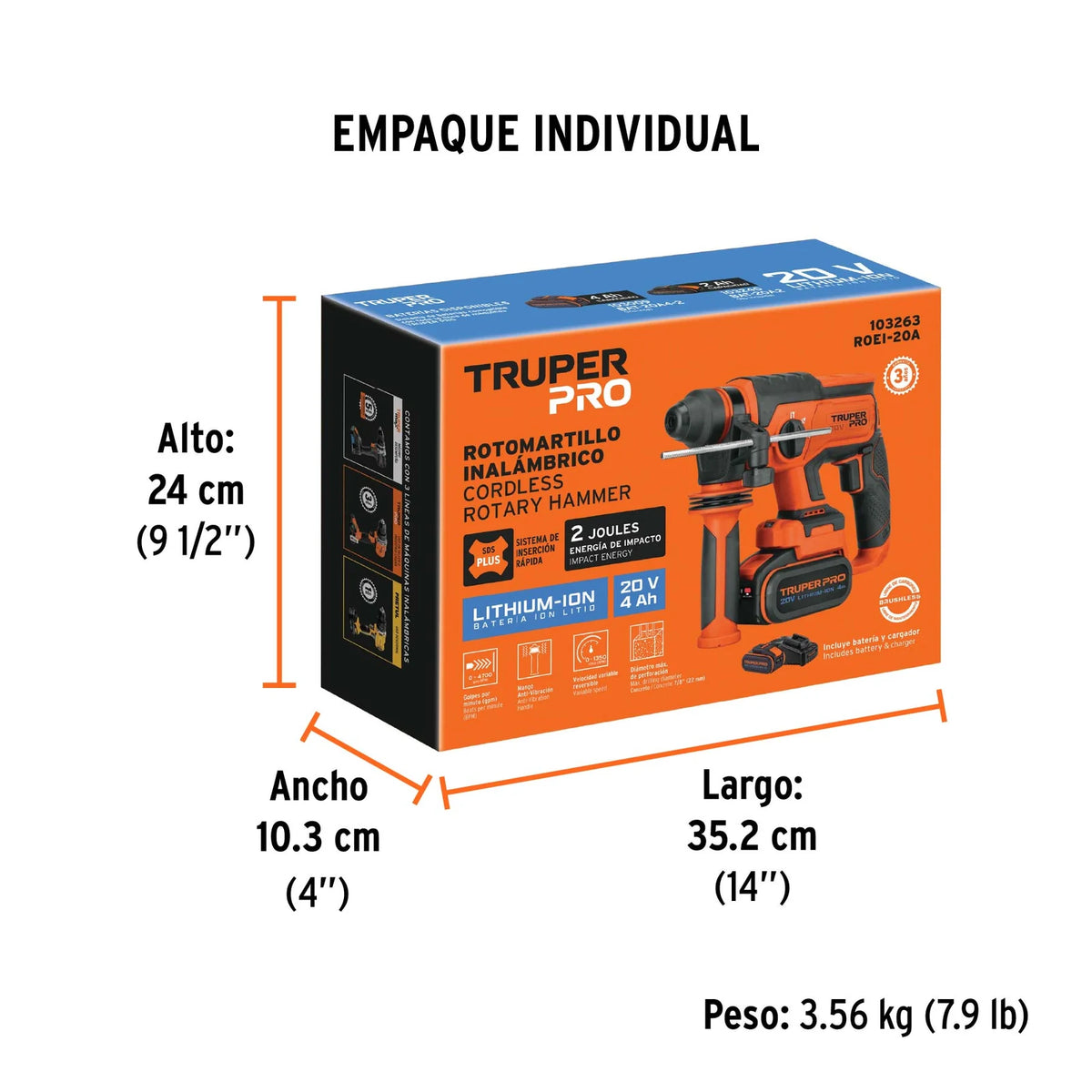Imagen oficial complementaria de Rotomartillo inalámbrico SDS Plus Truper PRO 20 V, 2 J, con vista de producto o detalle de la referencia ROEI-20A