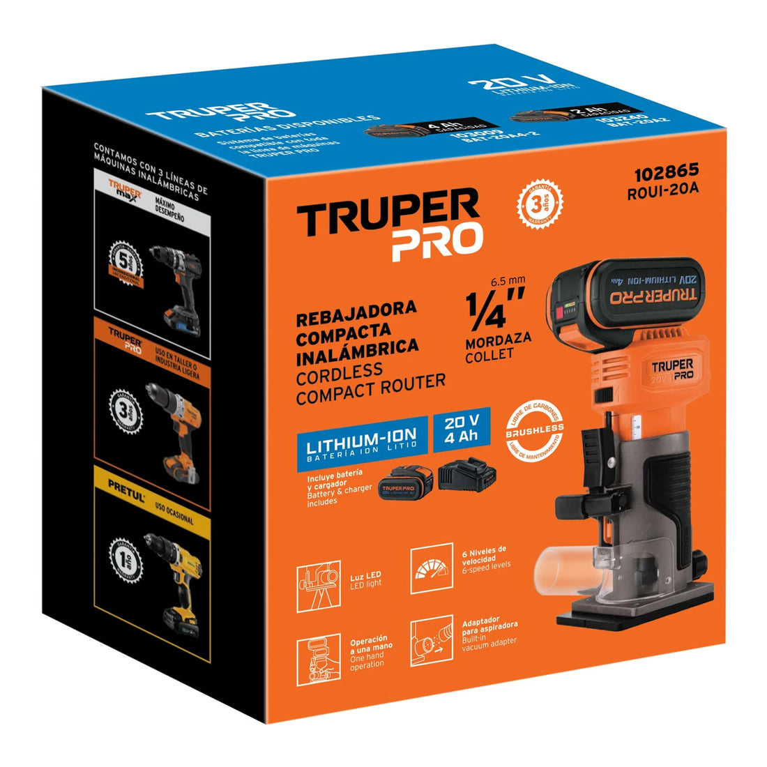 Imagen oficial complementaria de Ruteadora inalámbrica Truper PRO 20 V, mordaza 1/4 pulgada, con vista de producto o detalle de la referencia ROUI-20A