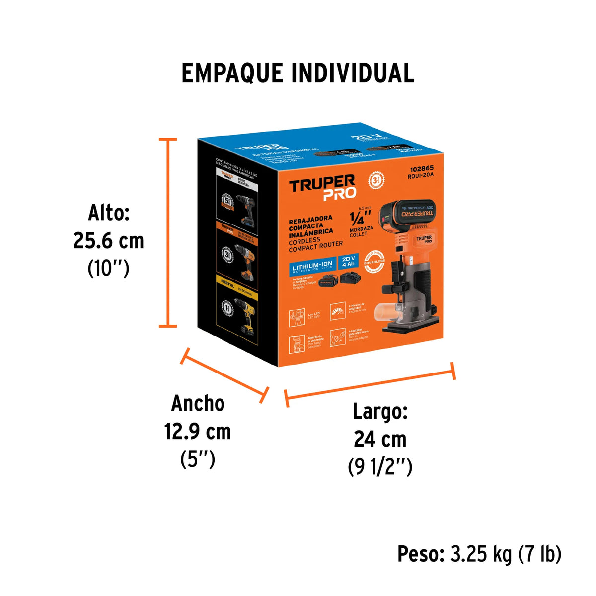 Imagen oficial complementaria de Ruteadora inalámbrica Truper PRO 20 V, mordaza 1/4 pulgada, con vista de producto o detalle de la referencia ROUI-20A
