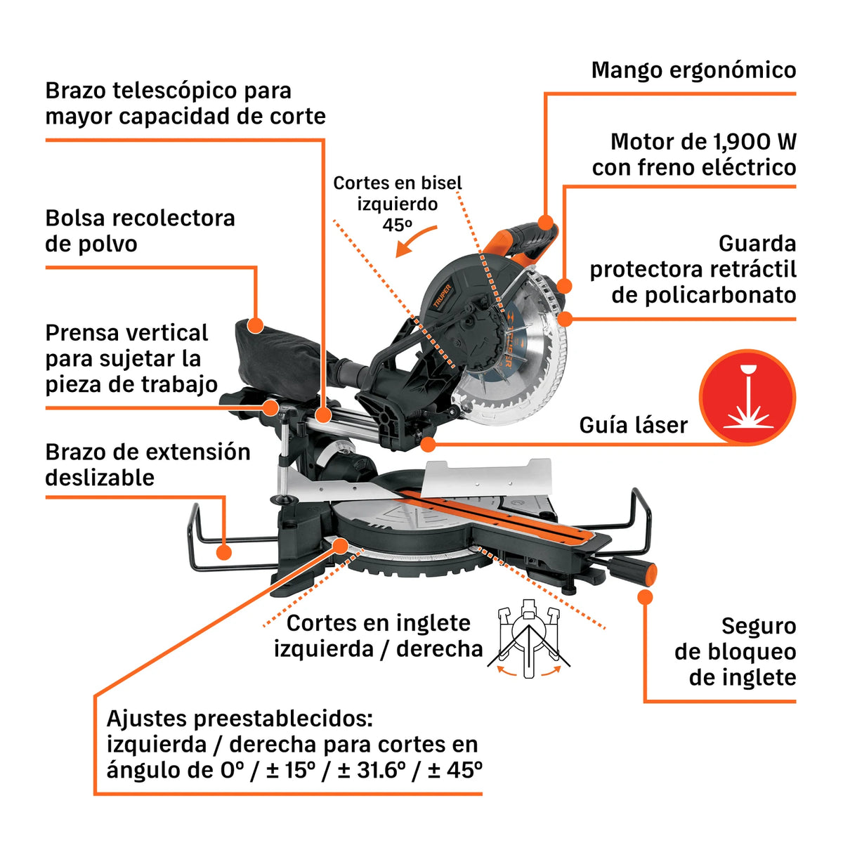 Partes de sierra ingletadora Truper 10 pulgadas: láser, prensa y bolsa de polvo