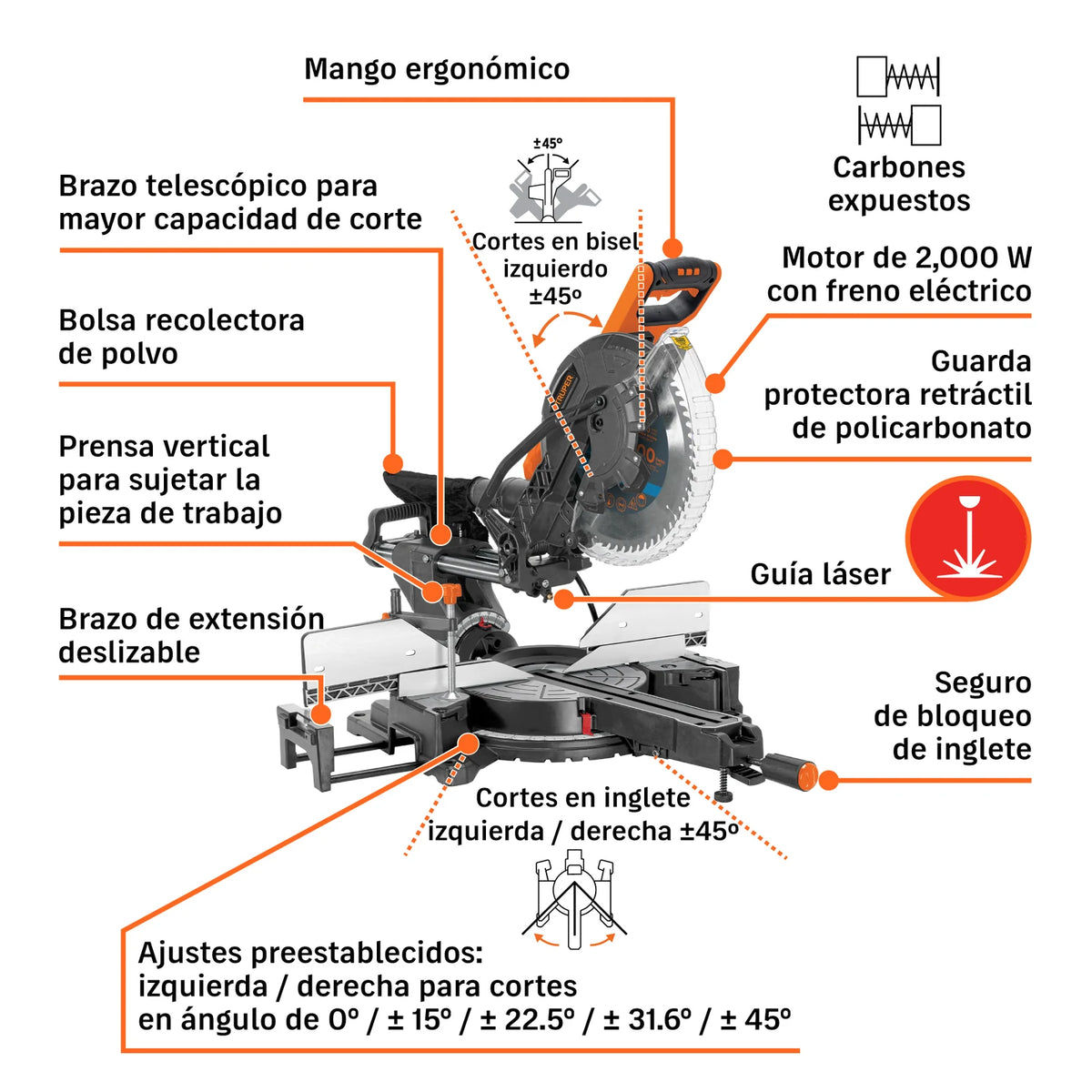 Partes de sierra ingletadora Truper 12 pulgadas: láser, prensa y brazo telescópico