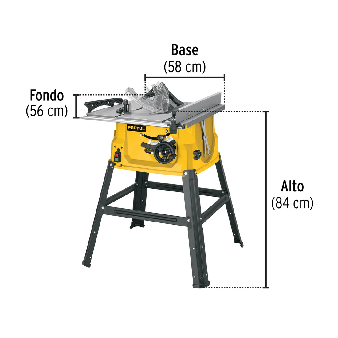 Dimensiones y base de la sierra de mesa Pretul SME-10BP