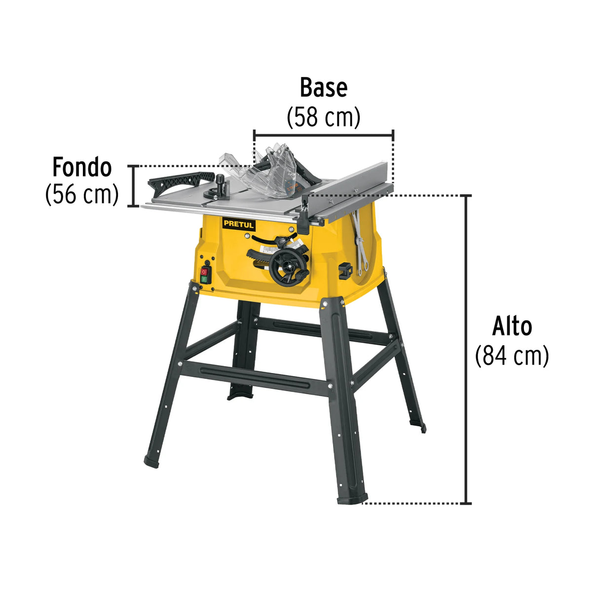 Dimensiones y base de la sierra de mesa Pretul SME-10BP