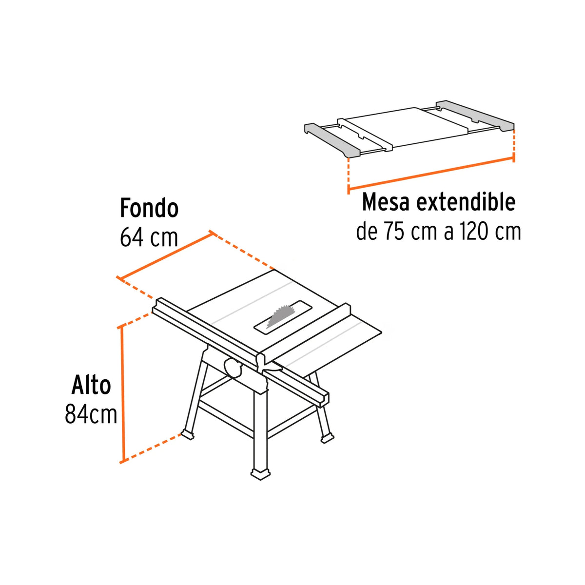 Dimensiones de la mesa extensible y base de sierra Truper 10 pulgadas