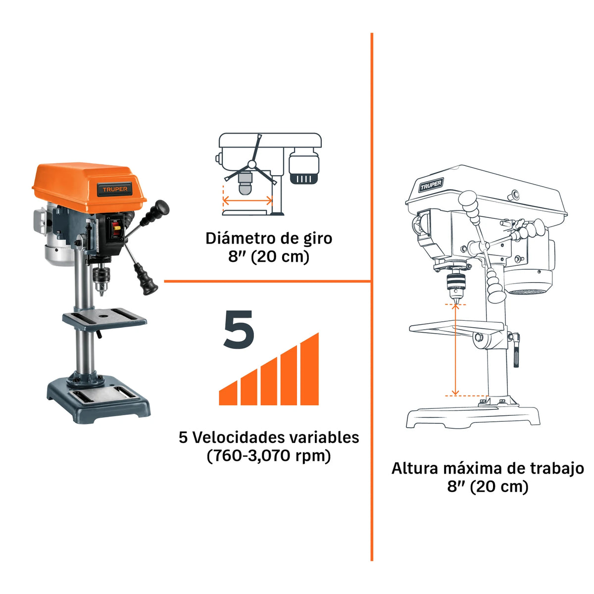 Imagen oficial complementaria de Taladro de banco Truper 8 pulgadas, 1/3 HP, broquero 1/2, con vista de producto o detalle de la referencia TAPI-8