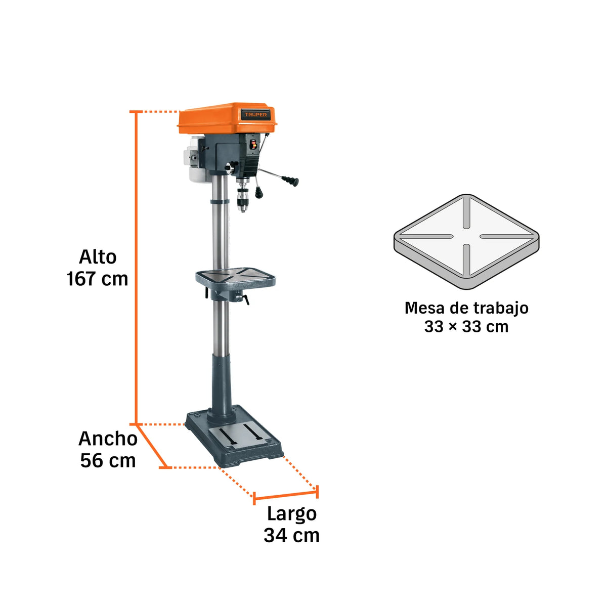 Dimensiones del taladro de piso Truper TAPI-17