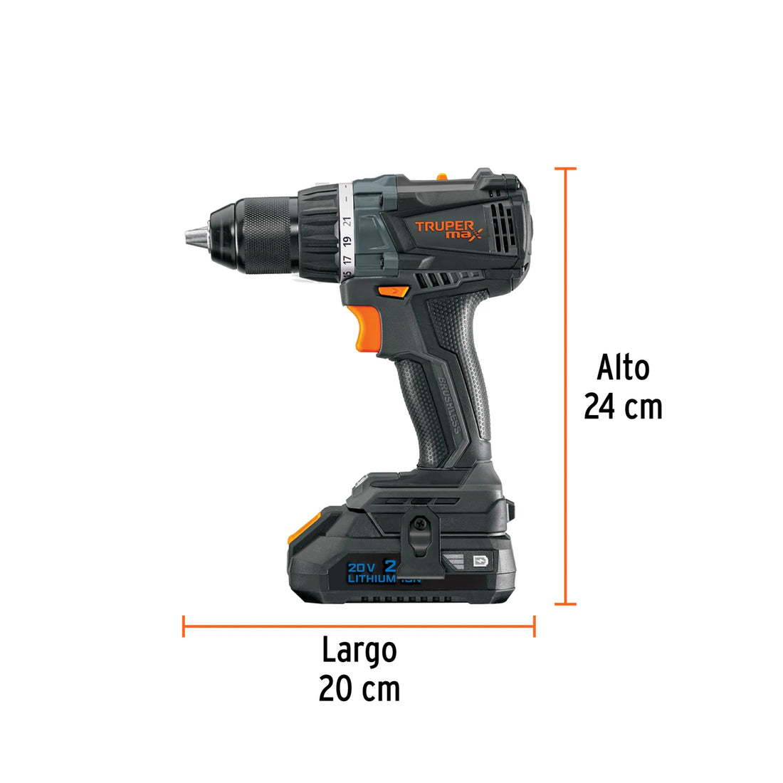 Imagen oficial complementaria de Taladro inalámbrico Truper MAX 1/2 pulgada, 20 V, 2 baterías 2 Ah, con vista de producto o detalle de la referencia MAX-20T