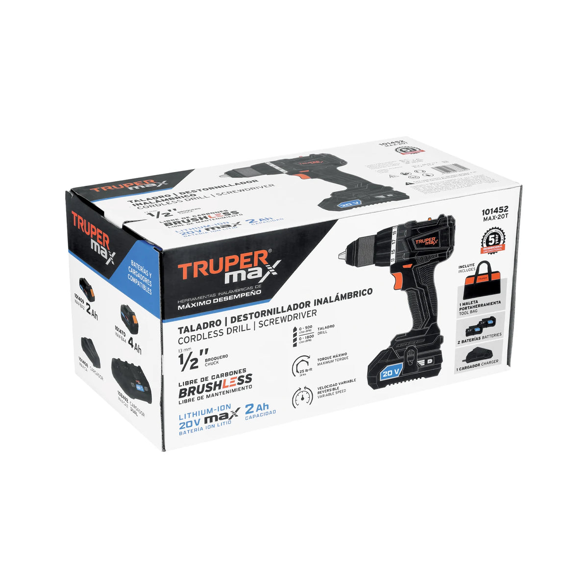Imagen oficial complementaria de Taladro inalámbrico Truper MAX 1/2 pulgada, 20 V, 2 baterías 2 Ah, con vista de producto o detalle de la referencia MAX-20T